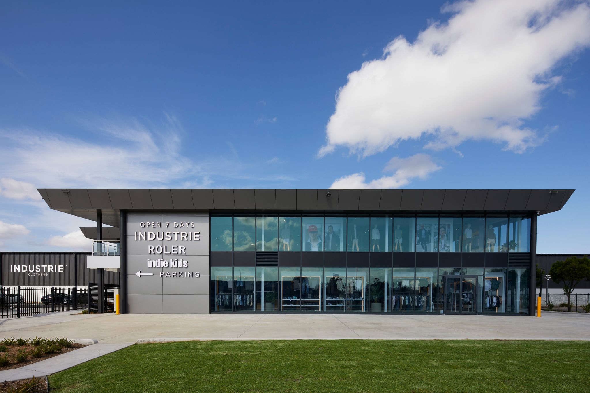 A photograph showcasing a completed industrial warehouse.
