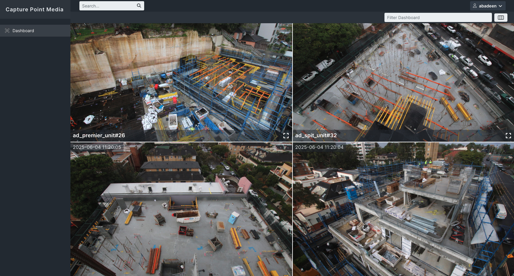 Time-lapse portal dashboard displaying live feeds from multiple Abadeen Group construction projects in Sydney