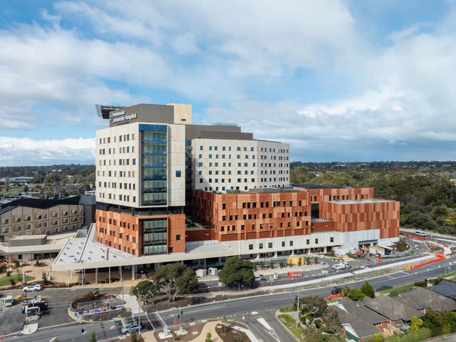 Drone exterior view of Frankston Hospital captured with professional construction photography
