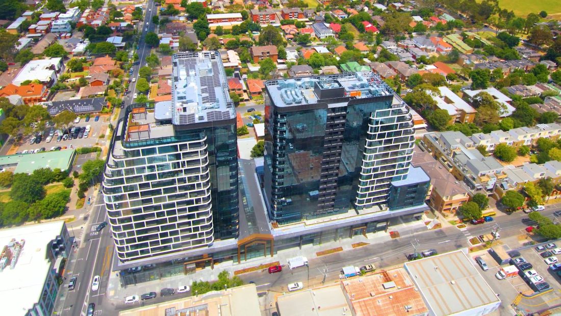 Aerial view of completed Sky Square in Box Hill captured through construction project documentation